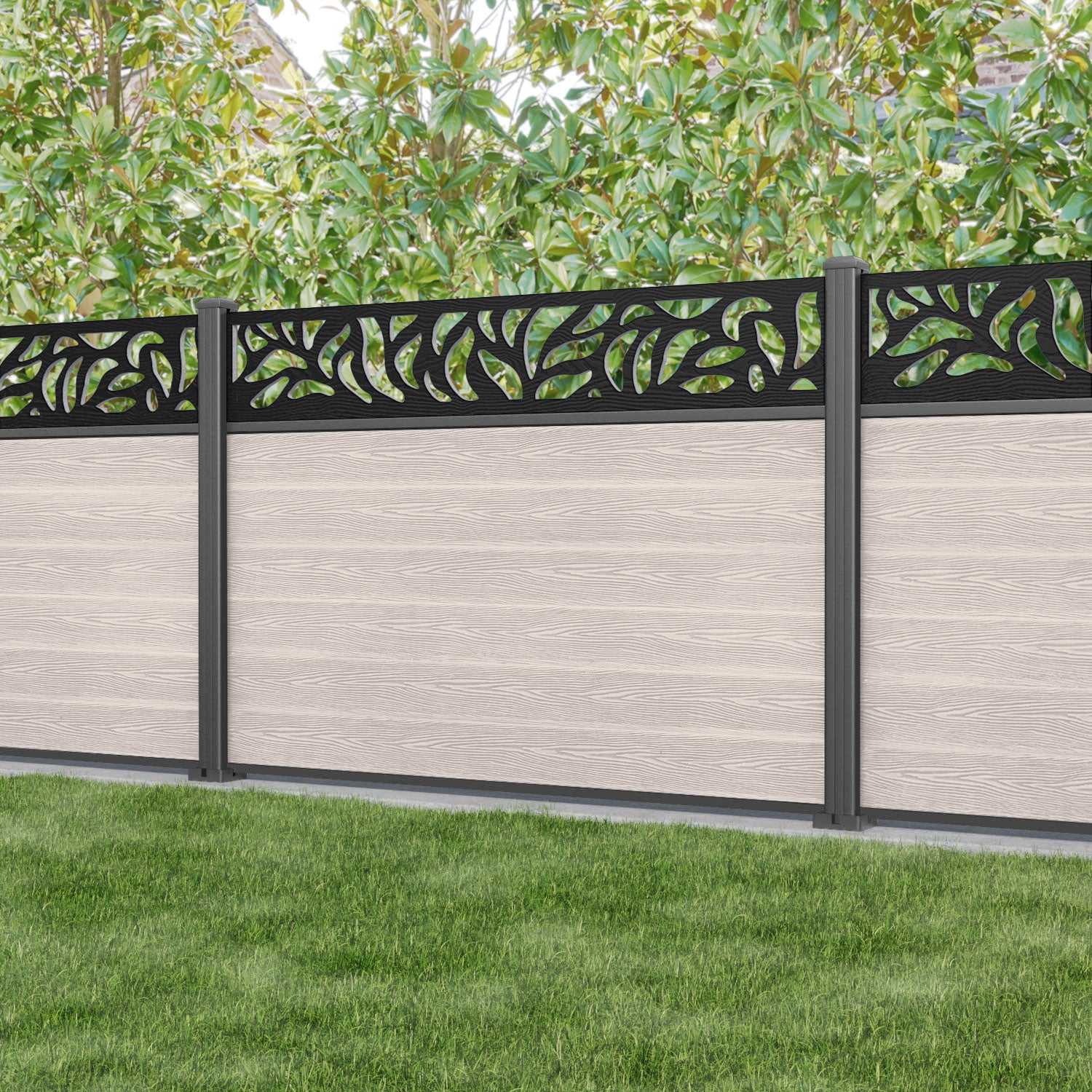 Classic Plume Fence Panel - Mid Stone - with our aluminium posts