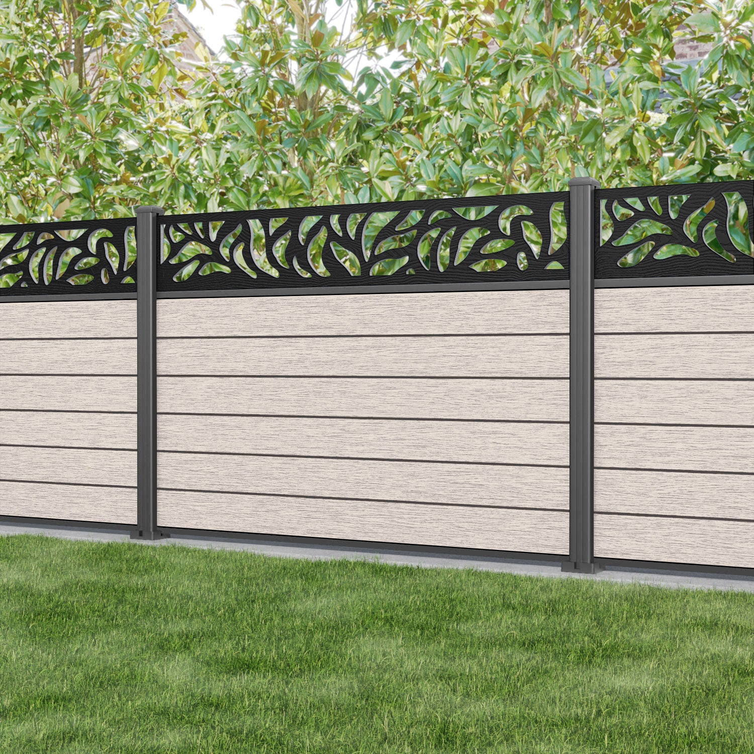 Fusion Plume Fence Panel - Mid Stone - with our aluminium posts