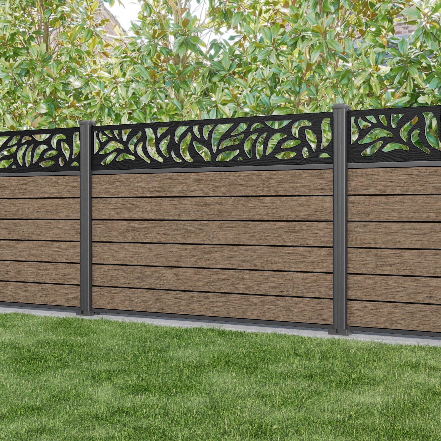 Fusion Plume Fence Panel - Teak - with our aluminium posts