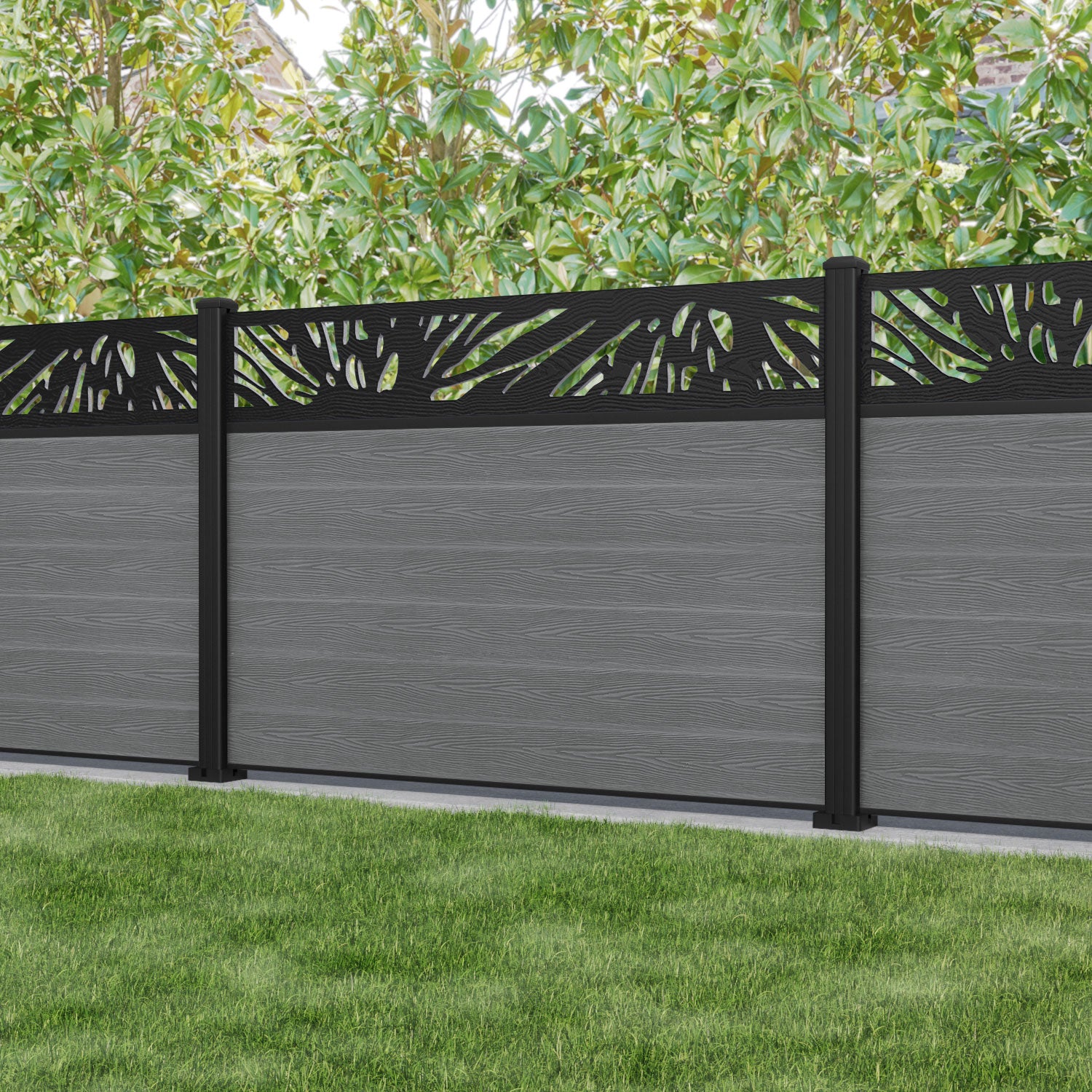 Classic Poppy Fence Panel - Mid Grey - with our aluminium posts