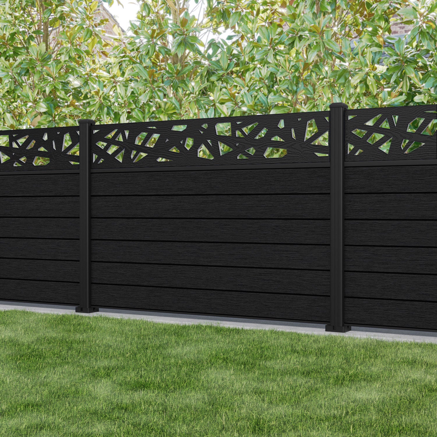 Fusion Prism Fence Panel - Black - with our aluminium posts