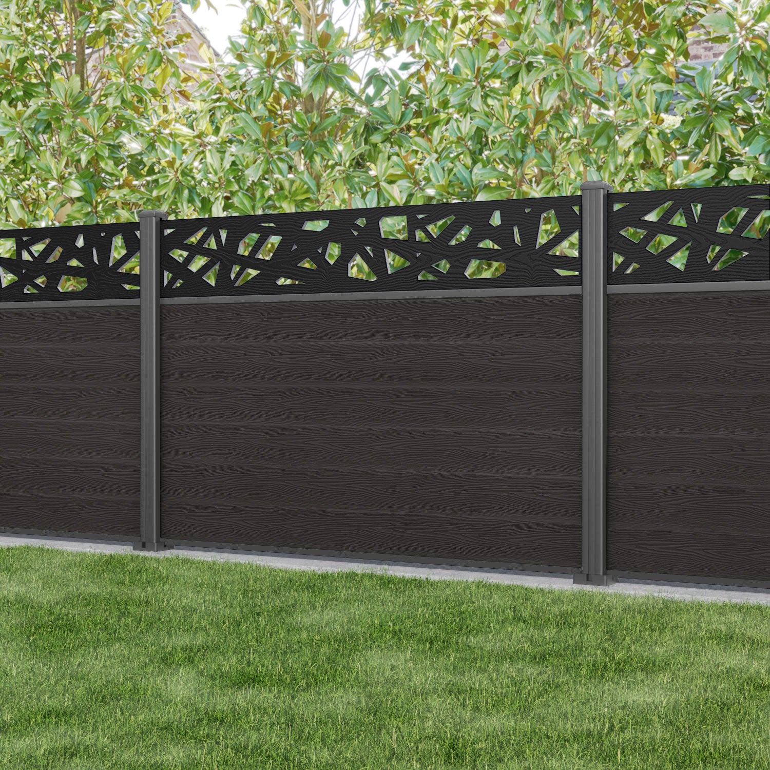 Classic Prism Fence Panel - Dark Oak - with our aluminium posts