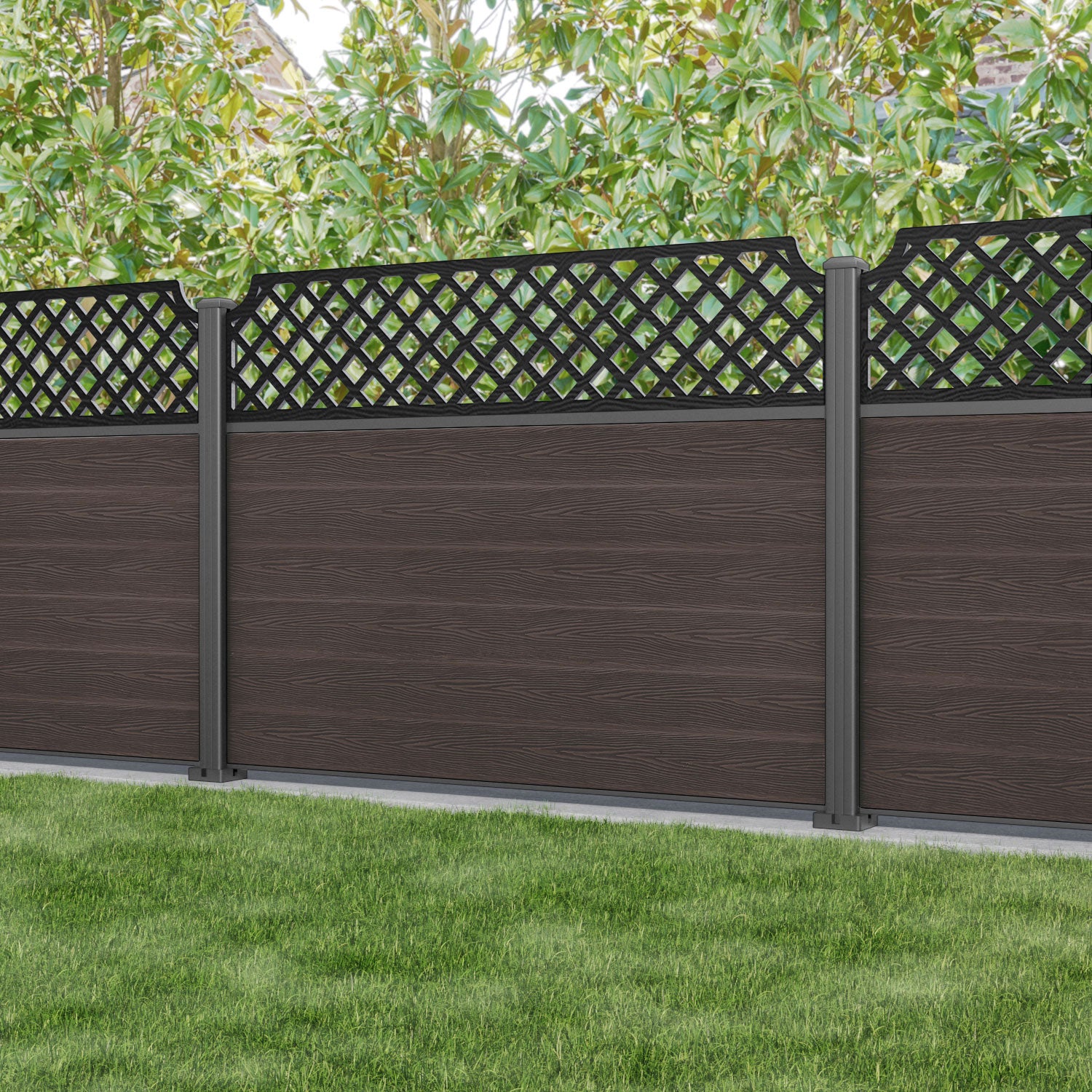 Classic Regal Hive Fence Panel - Mid Brown - with our aluminium posts