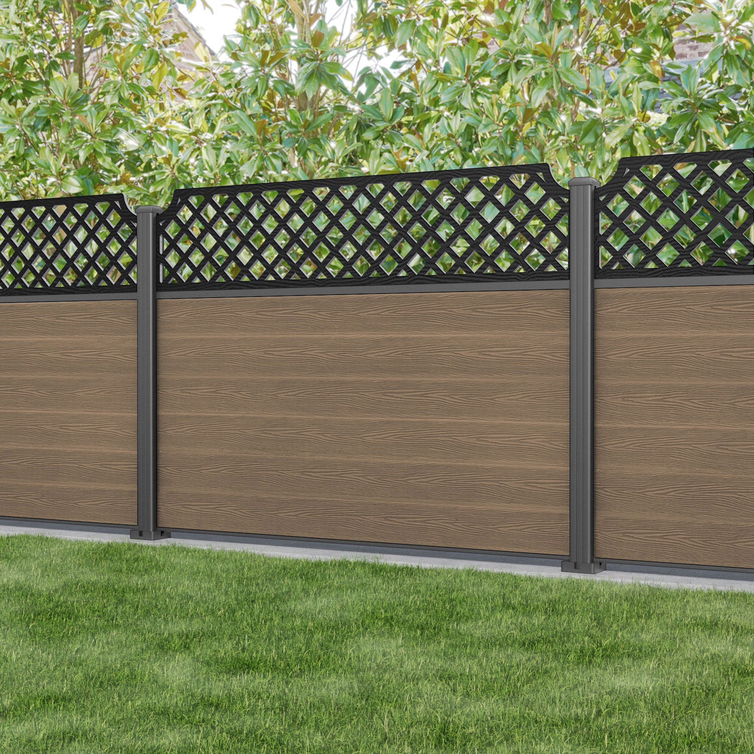 Classic Regal Hive Fence Panel - Teak - with our aluminium posts
