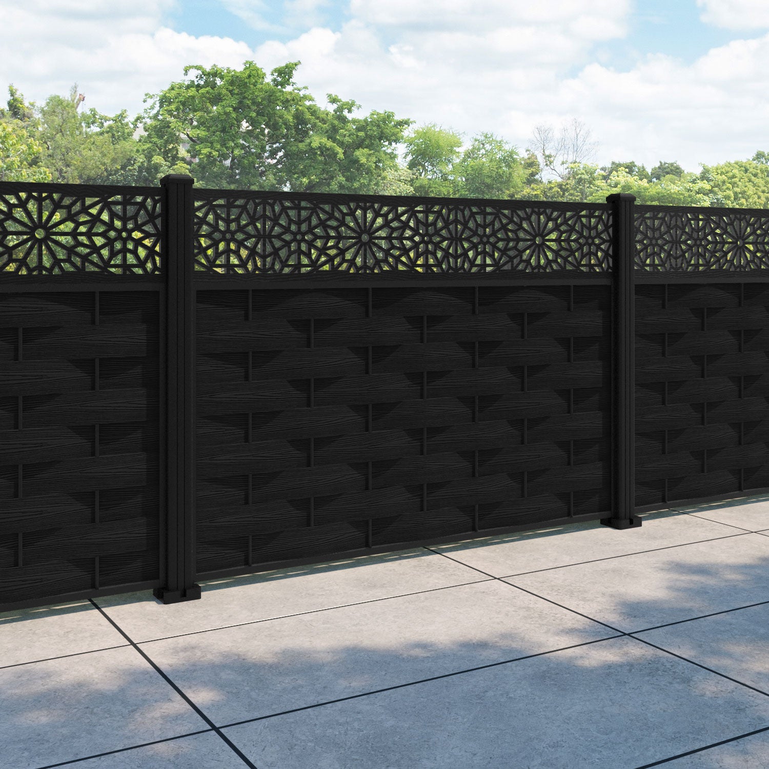 Ripple Alnara Fence Panel - Black - with our aluminium posts