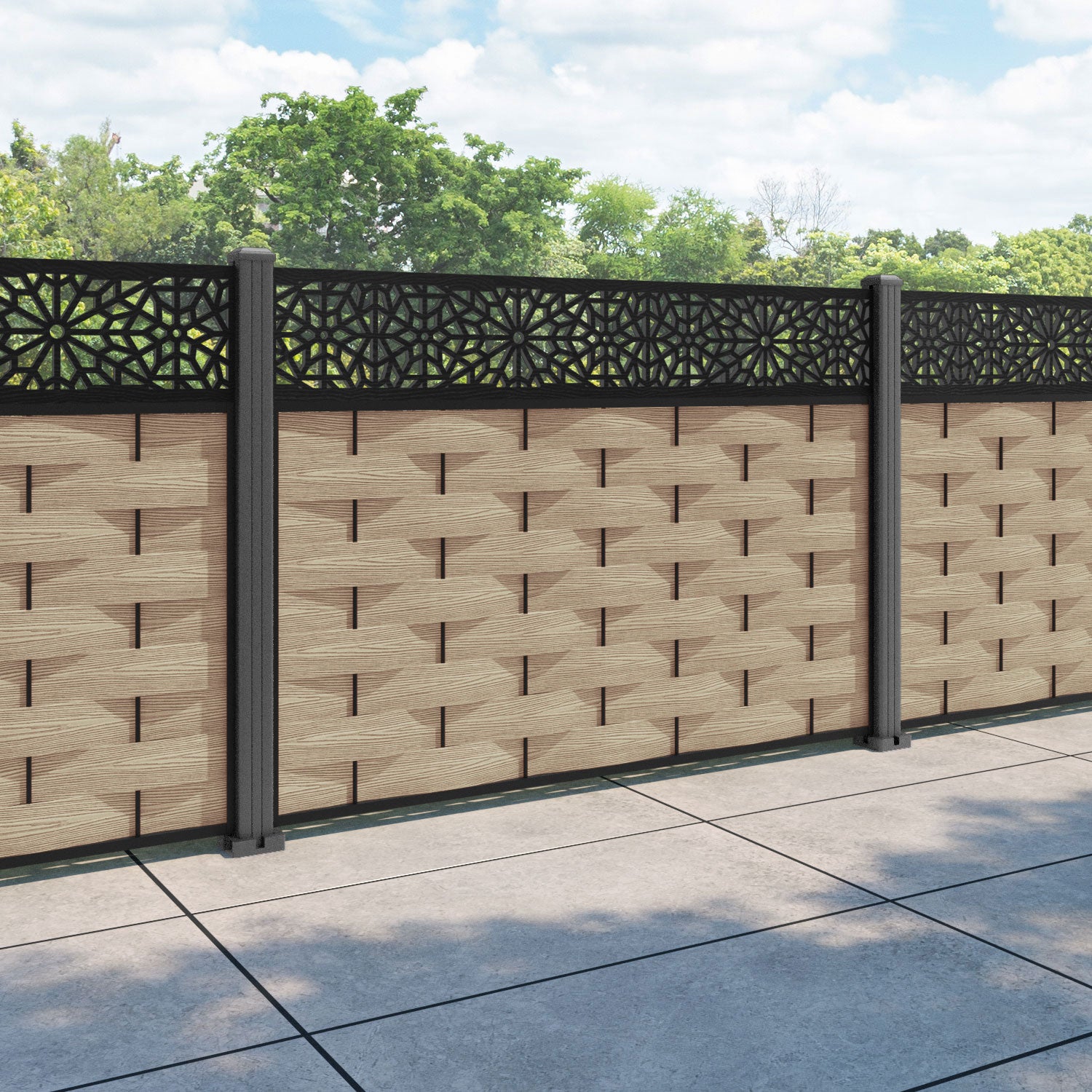 Ripple Alnara Fence Panel - Light Oak - with our aluminium posts