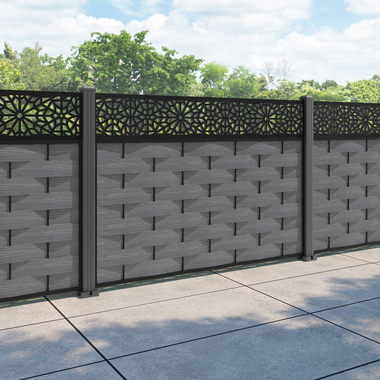 Ripple Alnara Fence Panel - Mid Grey - with our aluminium posts