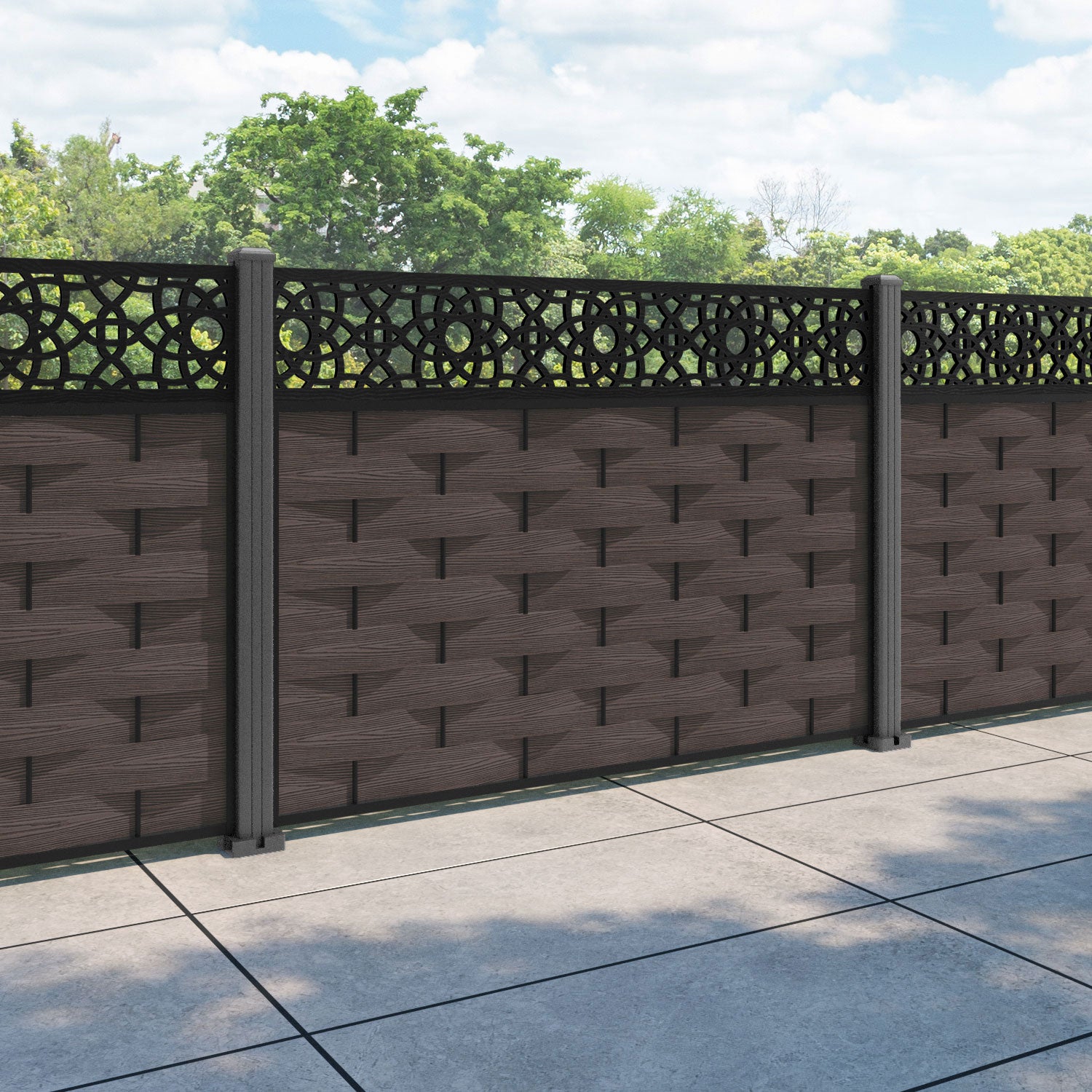 Ripple Ambar Fence Panel - Mid Brown - with our aluminium posts