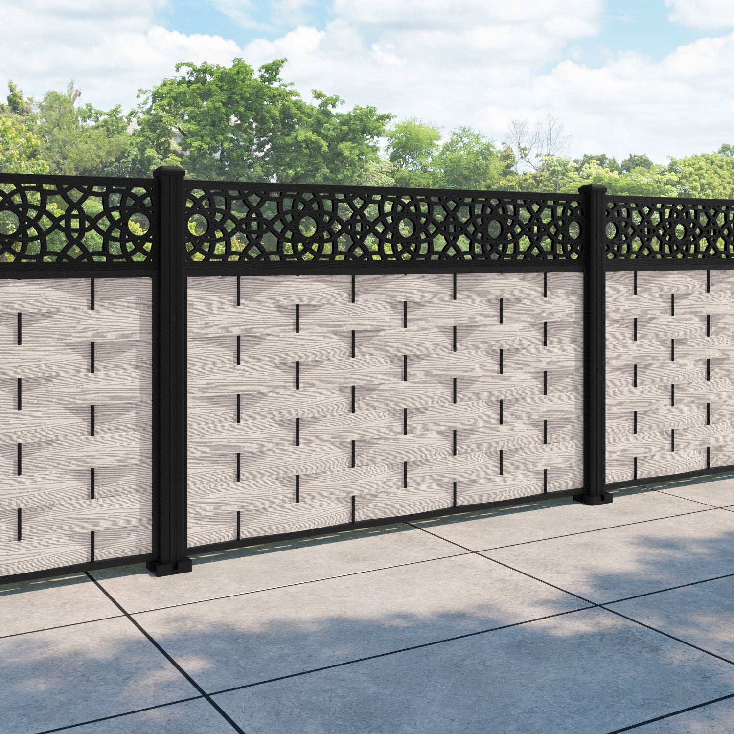 Ripple Ambar Fence Panel - Mid Stone - with our aluminium posts