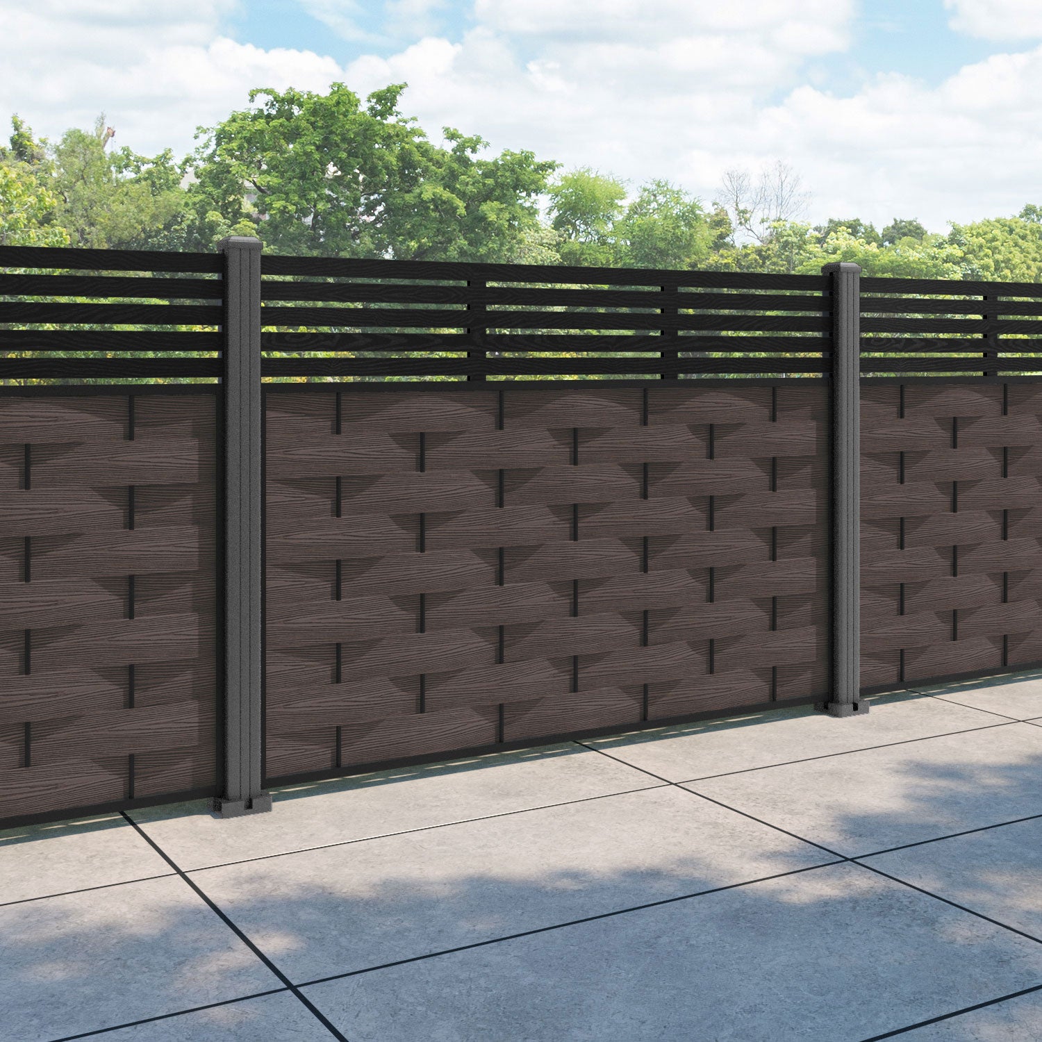 Ripple Aspen Fence Panel - Mid Brown - with our aluminium posts
