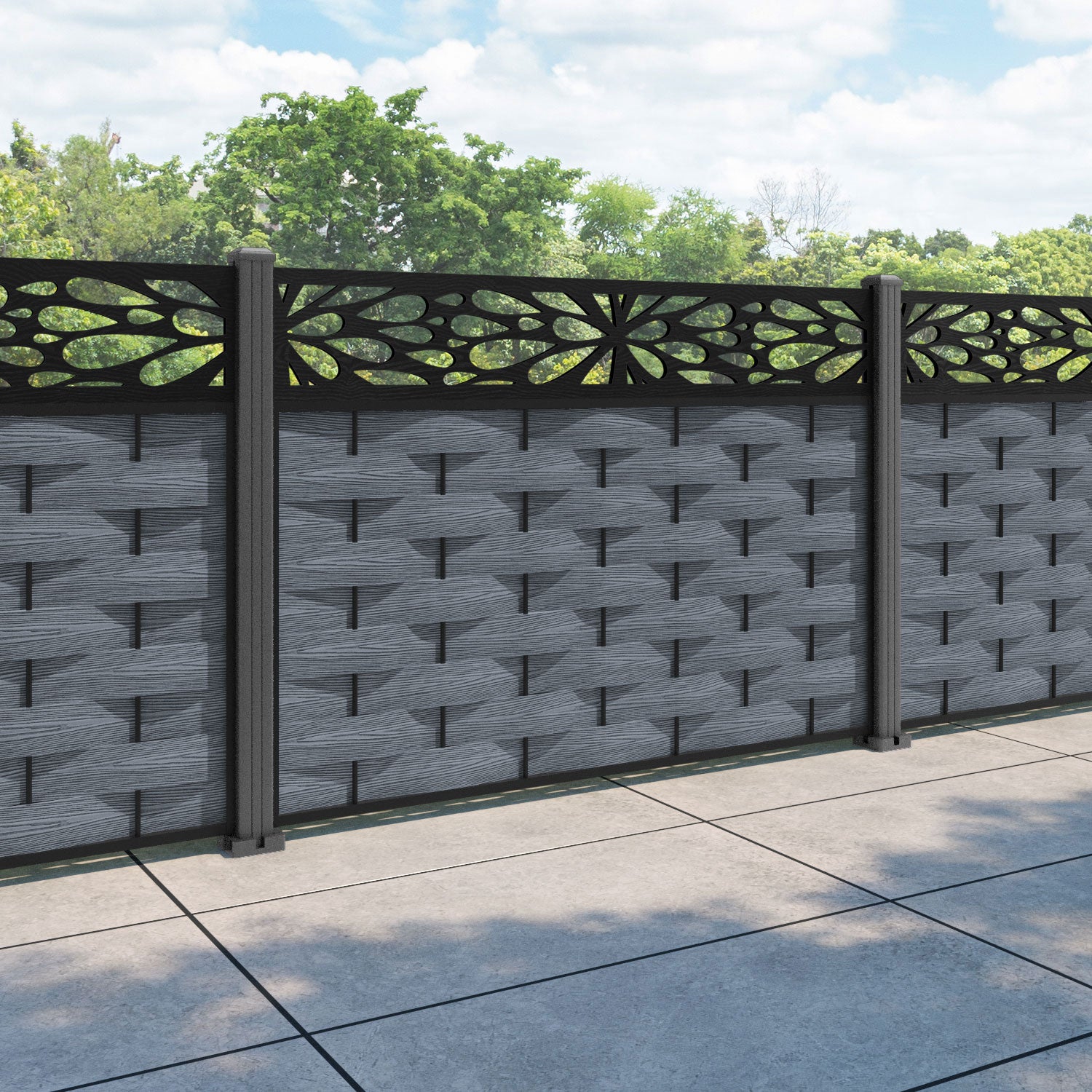 Ripple Blossom Fence Panel - Anthracite - with our aluminium posts
