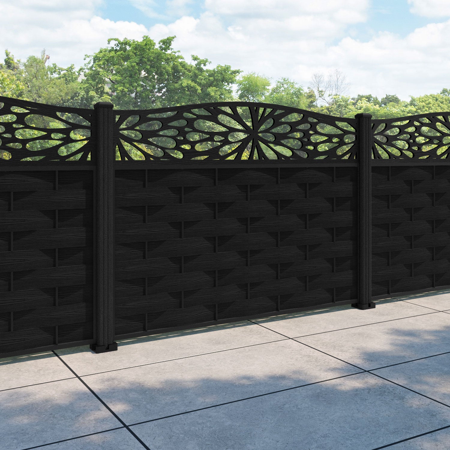 Ripple Blossom Curved Top Fence Panel - Black - with our composite posts