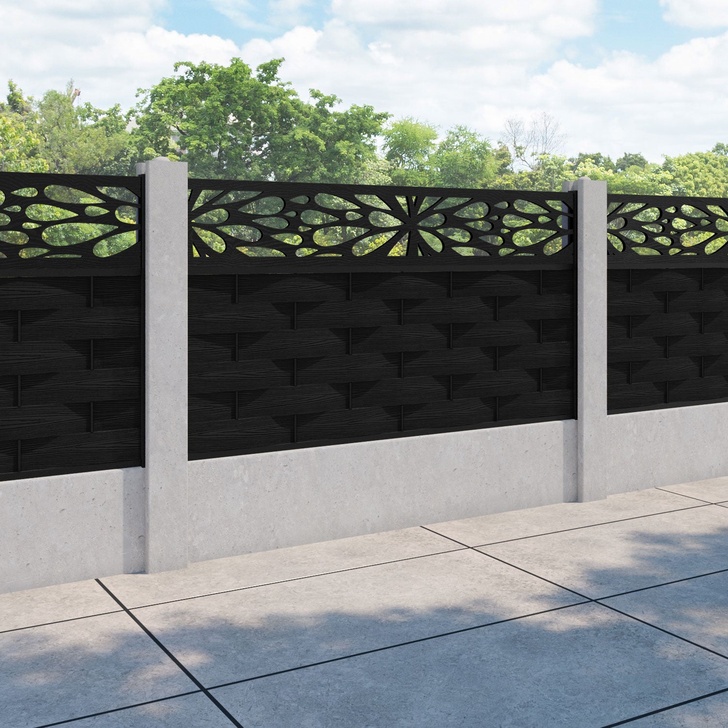 Ripple Blossom Fence Panel - Black - for existing concrete posts
