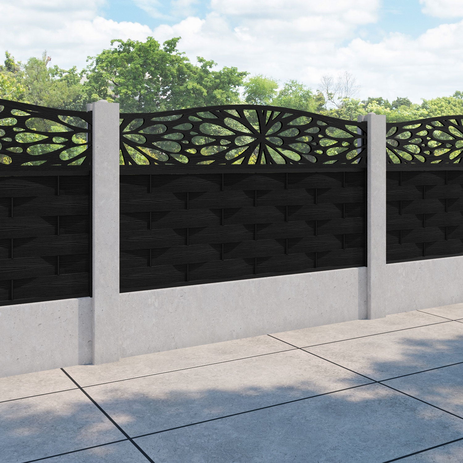 Ripple Blossom Curved Top Fence Panel - Black - for existing concrete posts