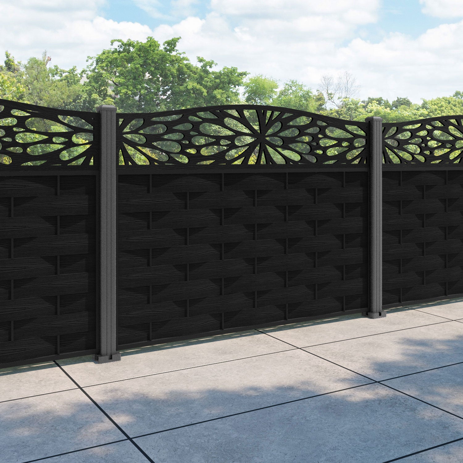 Ripple Blossom Curved Top Fence Panel - Black - with our aluminium posts