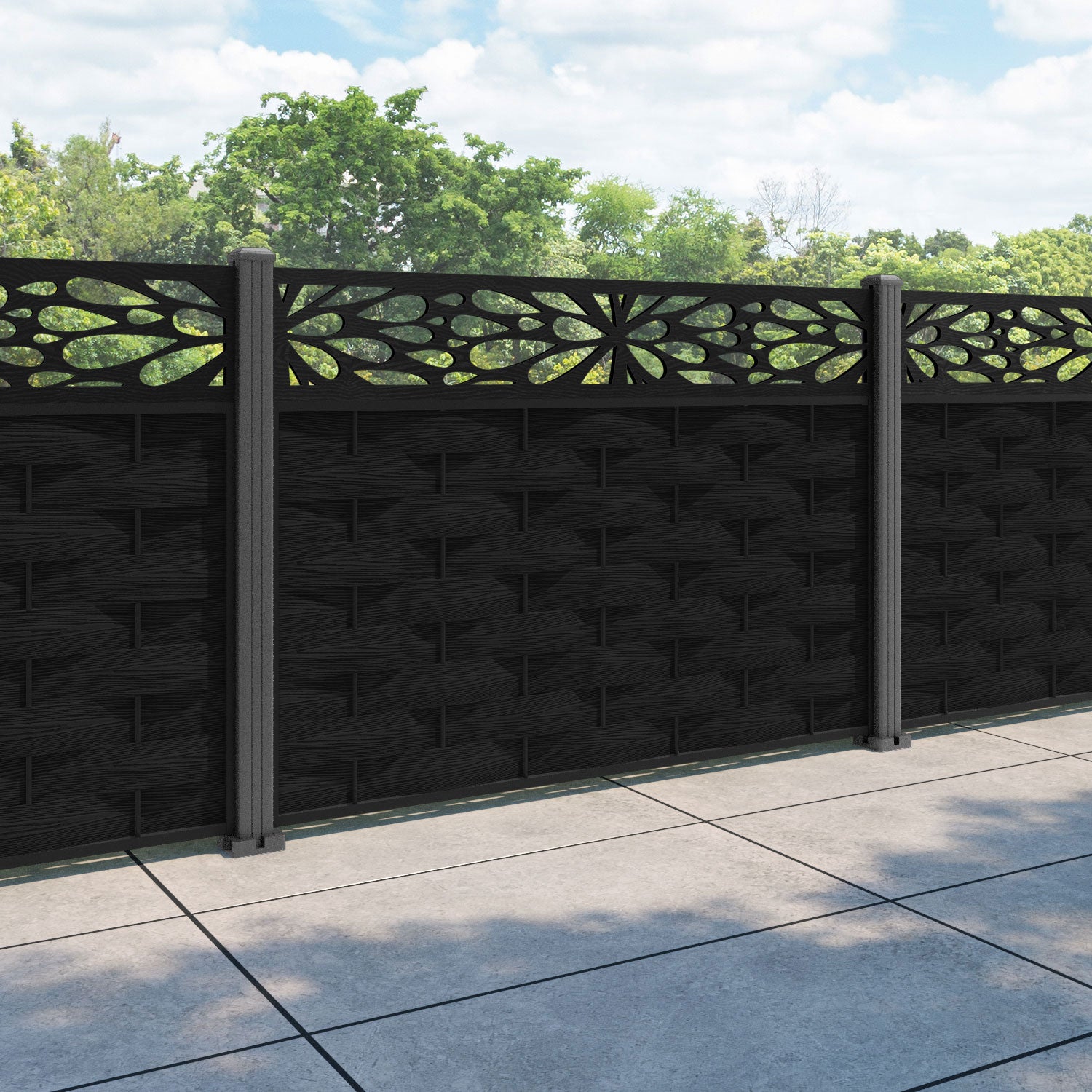 Ripple Blossom Fence Panel - Black - with our aluminium posts