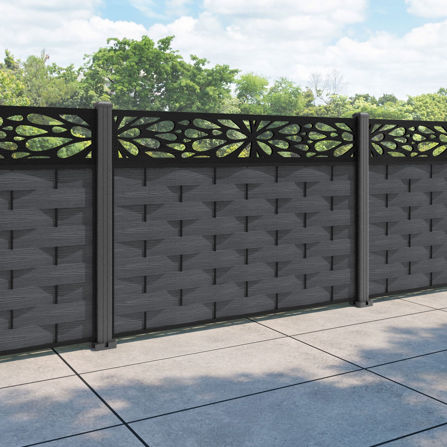 Ripple Blossom Fence Panel - Dark Grey - with our aluminium posts
