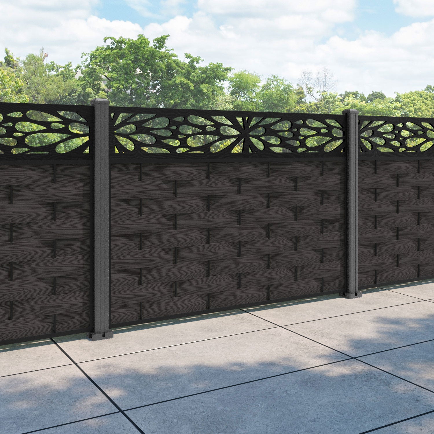 Ripple Blossom Fence Panel - Dark Oak - with our aluminium posts