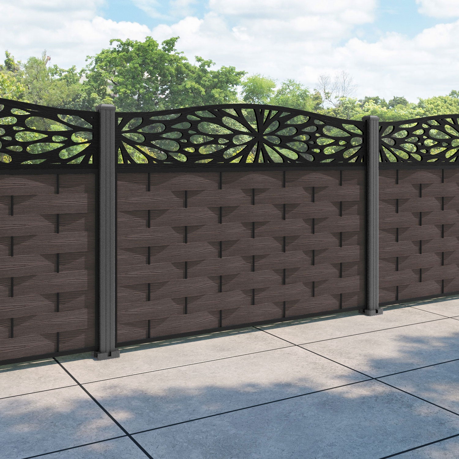 Ripple Blossom Curved Top Fence Panel - Mid Brown - with our aluminium posts