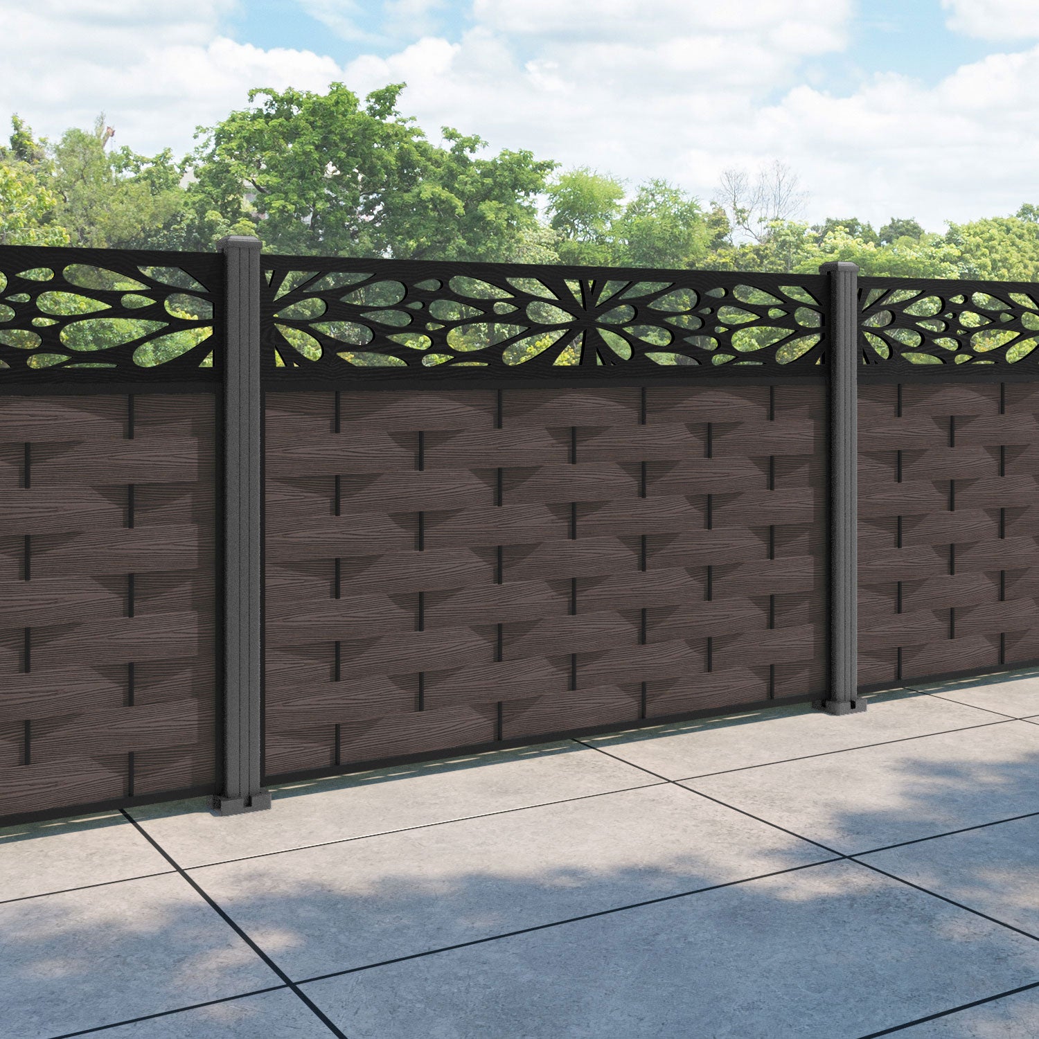 Ripple Blossom Fence Panel - Mid Brown - with our aluminium posts