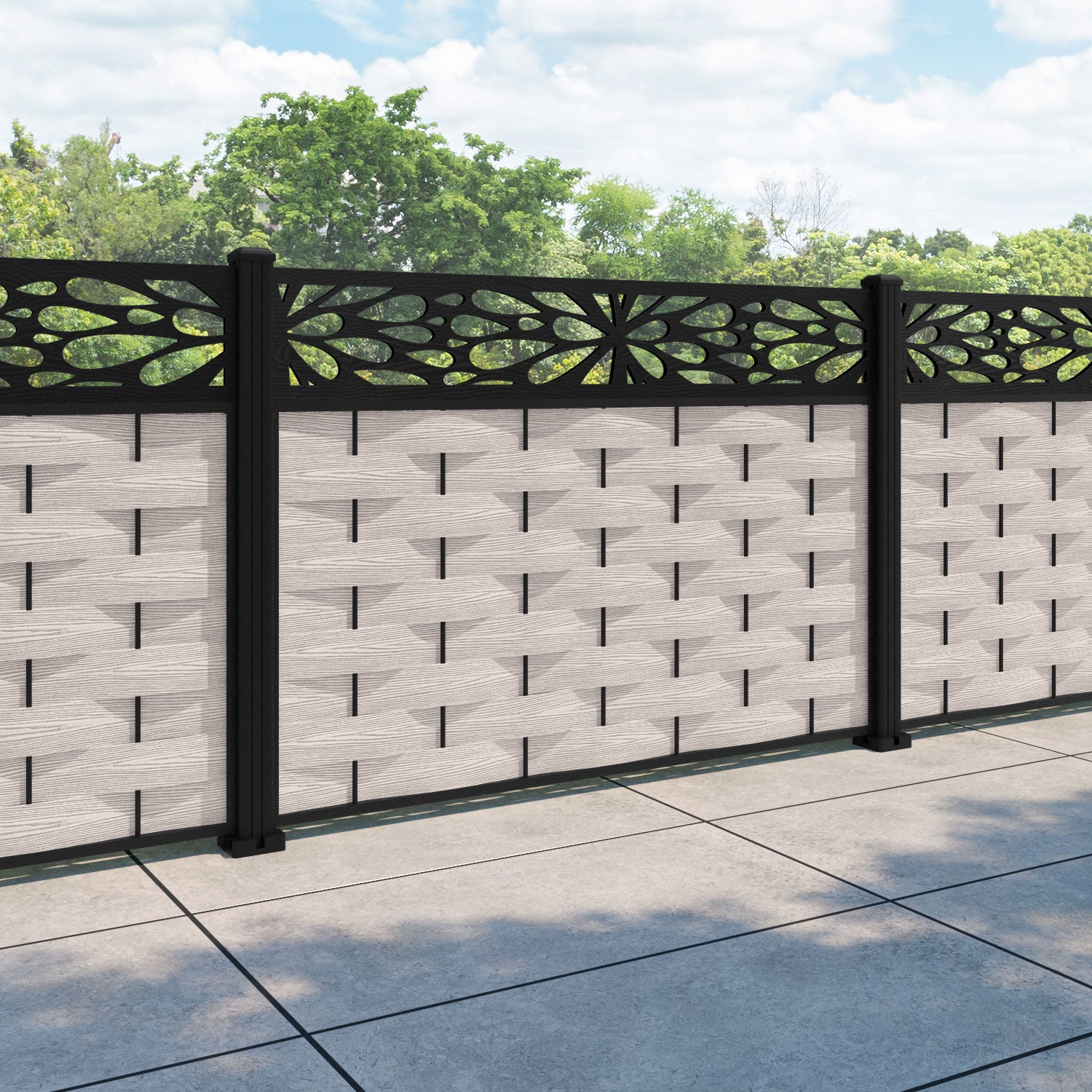 Ripple Blossom Fence Panel - Mid Stone - with our aluminium posts