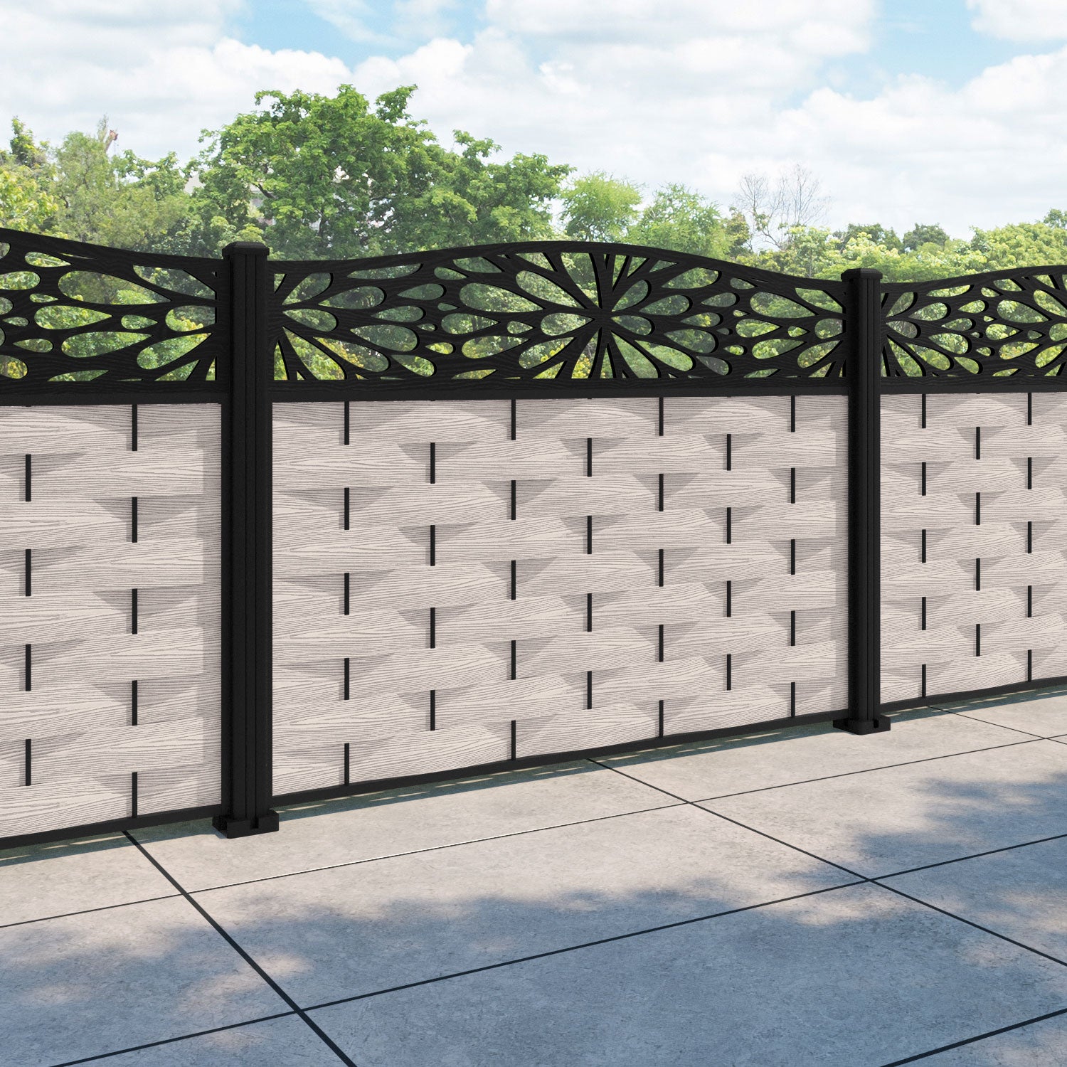 Ripple Blossom Curved Top Fence Panel - Mid Stone - with our aluminium posts