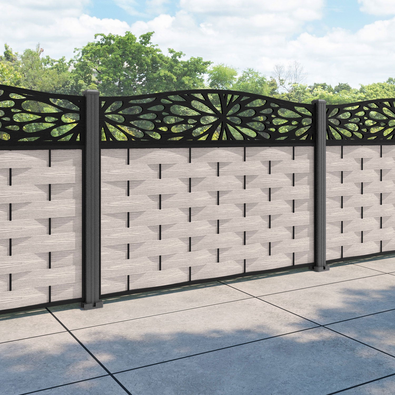 Ripple Blossom Curved Top Fence Panel - Mid Stone - with our aluminium posts