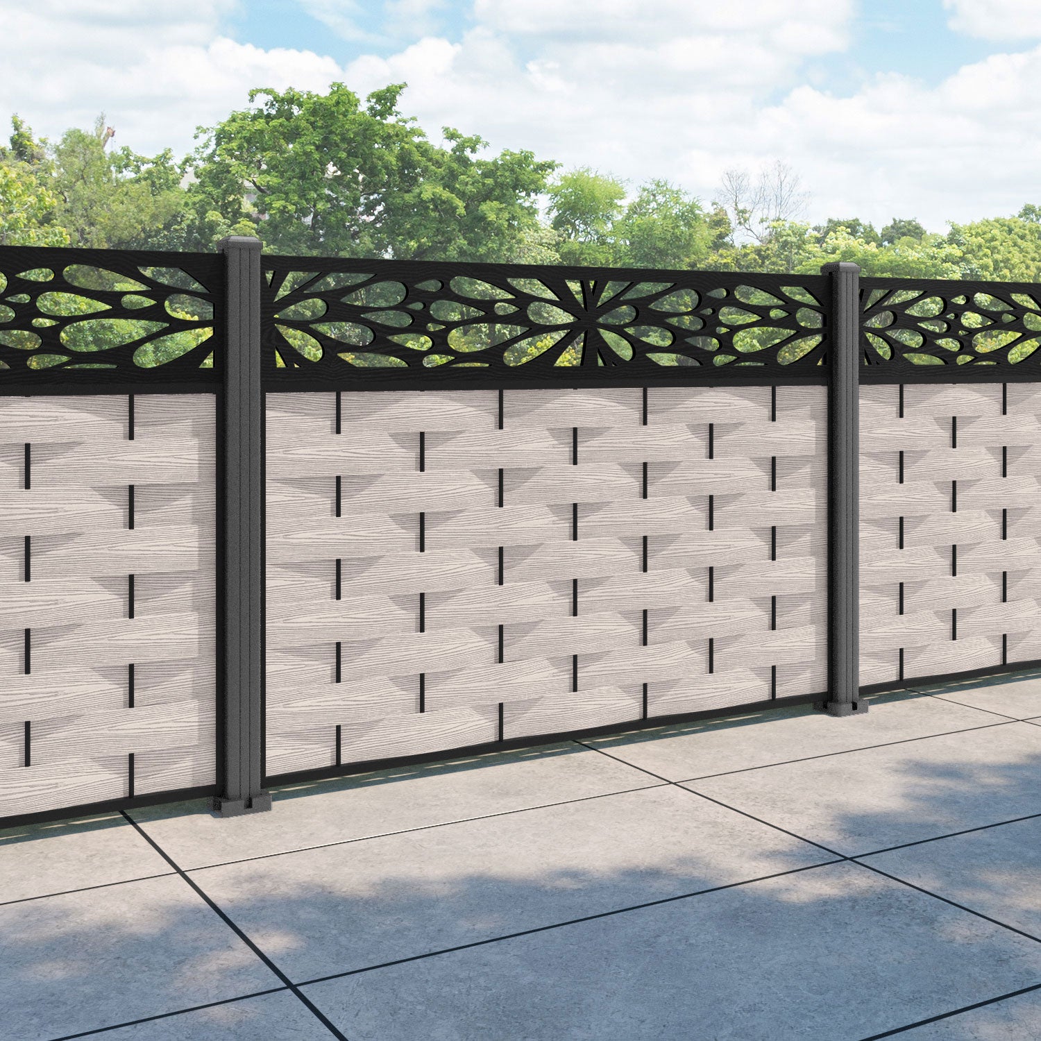 Ripple Blossom Fence Panel - Mid Stone - with our aluminium posts