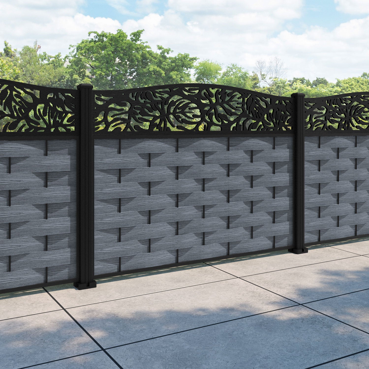 Ripple Botanic Curved Top Fence Panel - Anthracite - with our aluminium posts