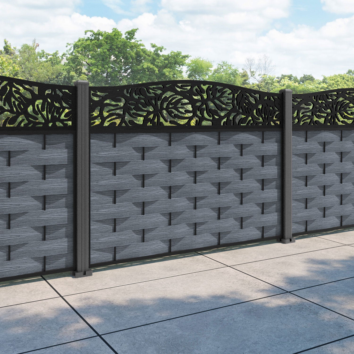 Ripple Botanic Curved Top Fence Panel - Anthracite - with our aluminium posts