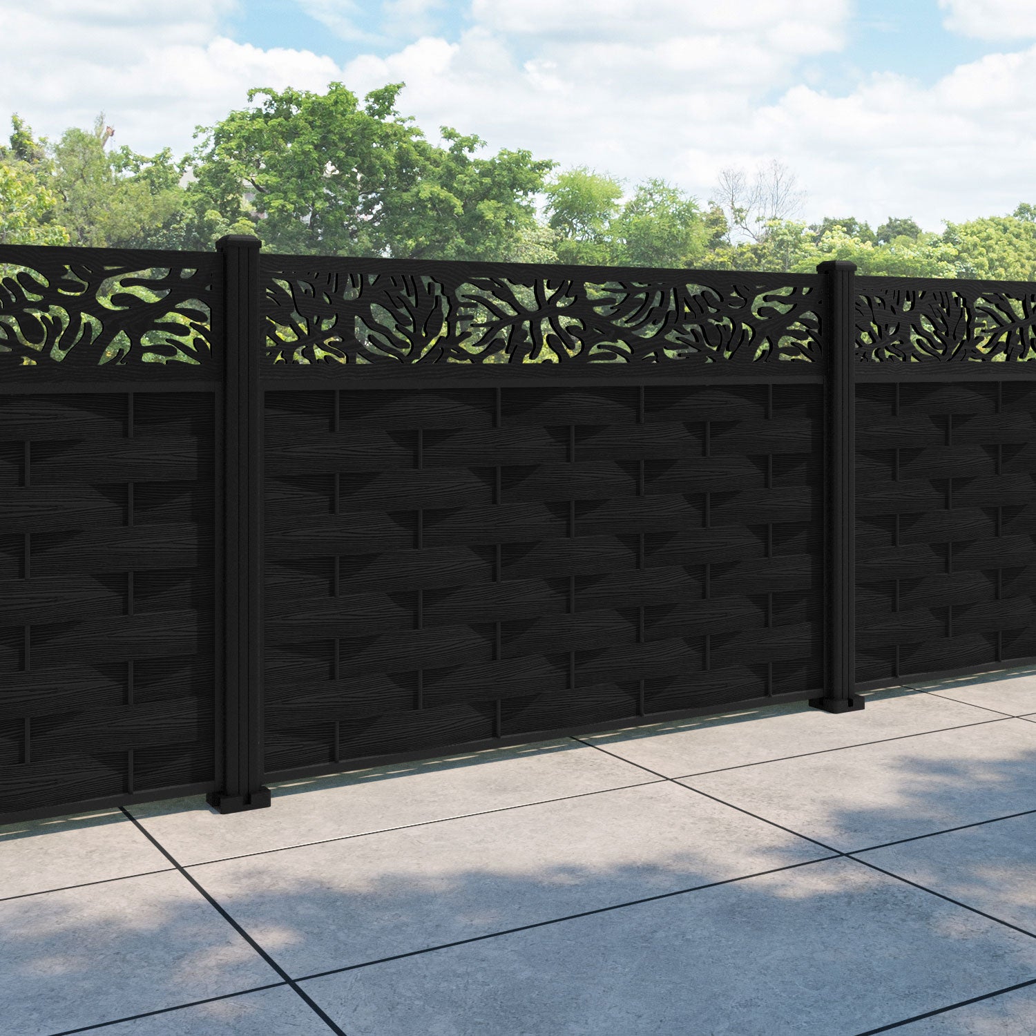 Ripple Botanic Fence Panel - Black - with our aluminium posts
