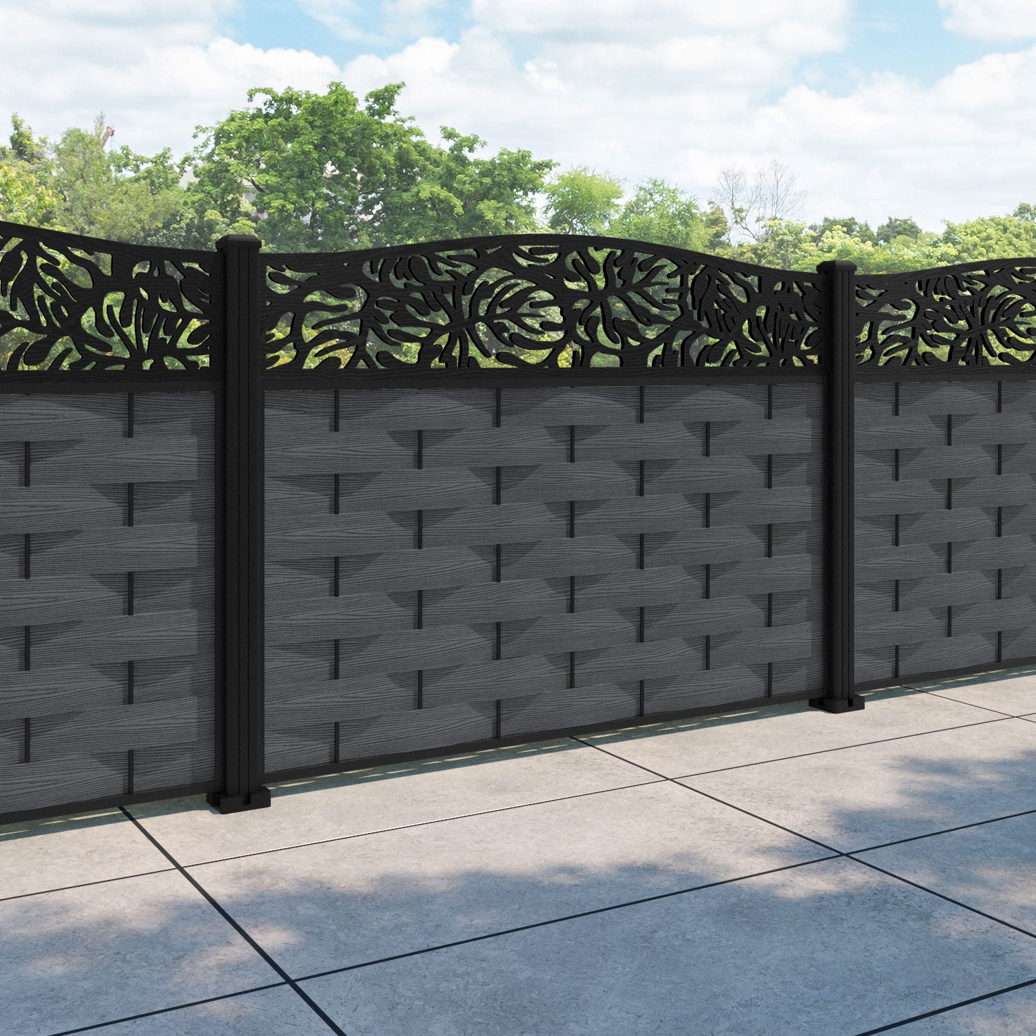 Ripple Botanic Curved Top Fence Panel - Dark Grey - with our aluminium posts