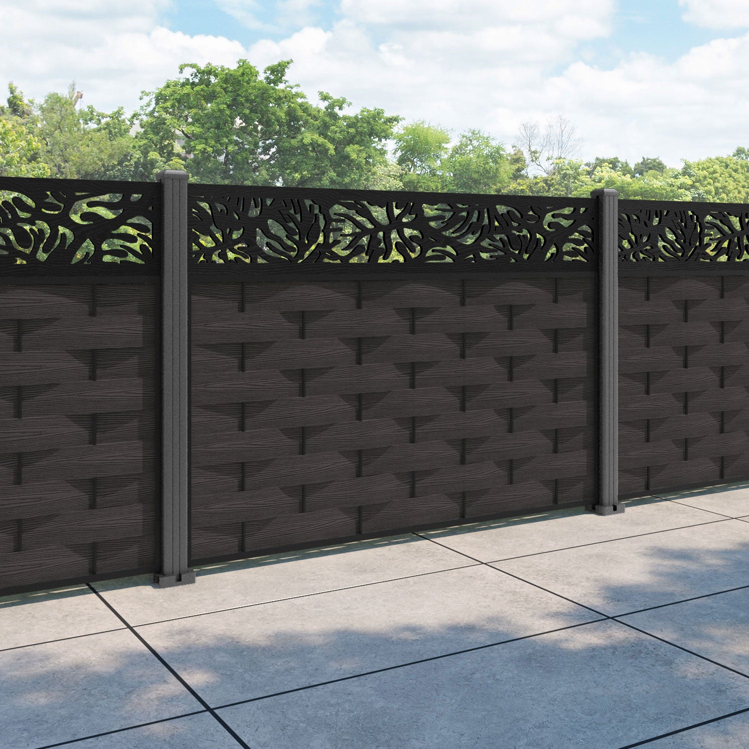 Ripple Botanic Fence Panel - Dark Oak - with our aluminium posts