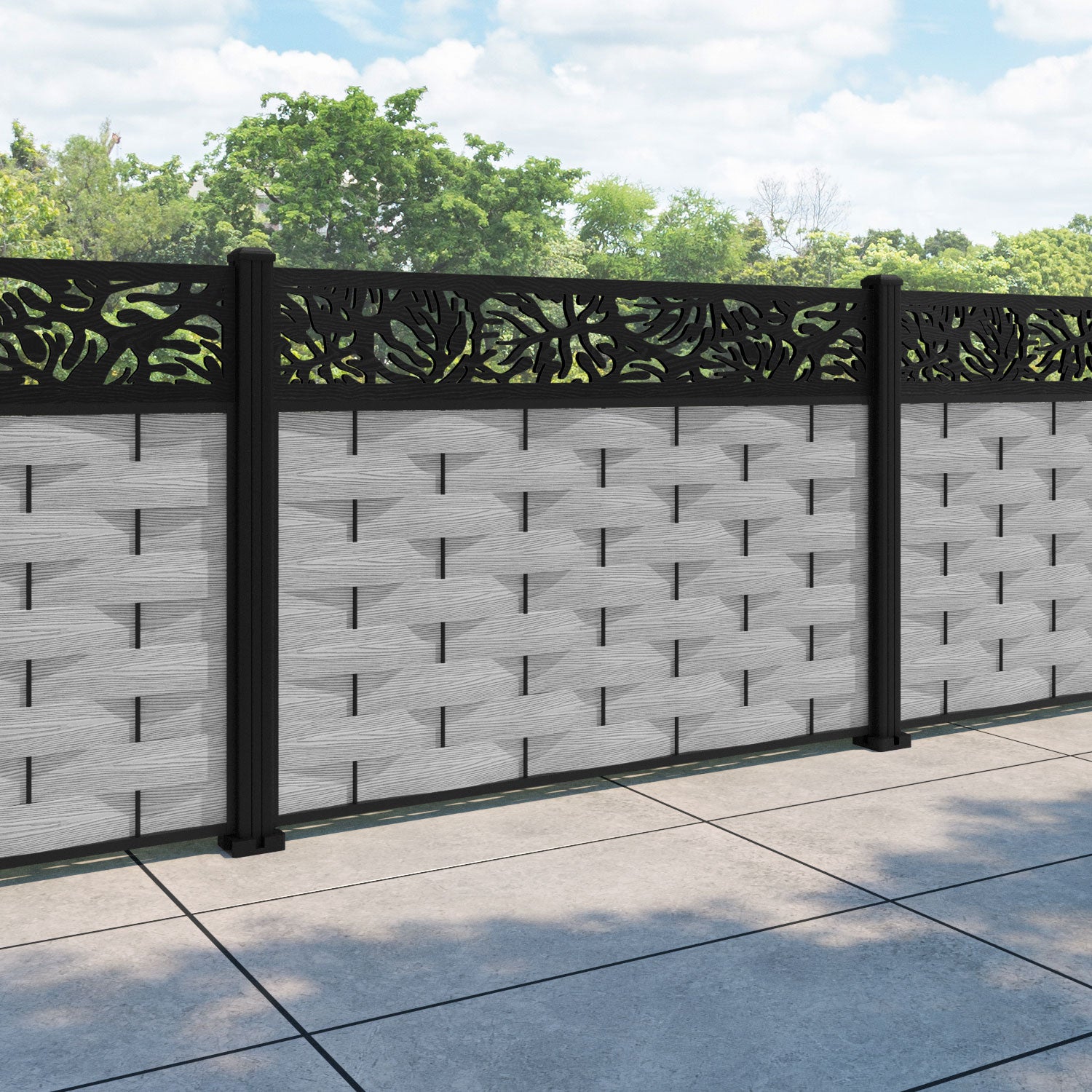 Ripple Botanic Fence Panel - Light Grey - with our aluminium posts