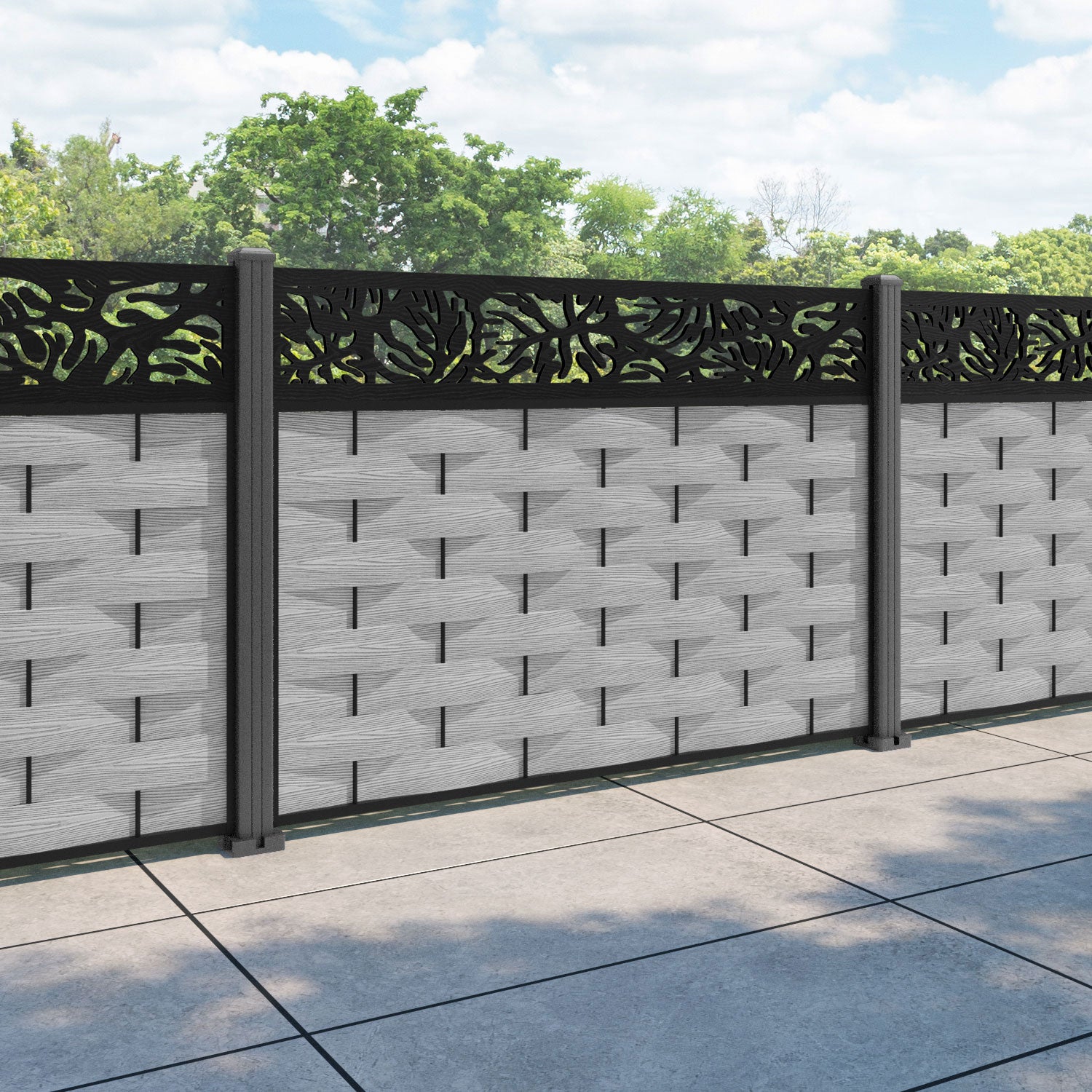 Ripple Botanic Fence Panel - Light Grey - with our aluminium posts