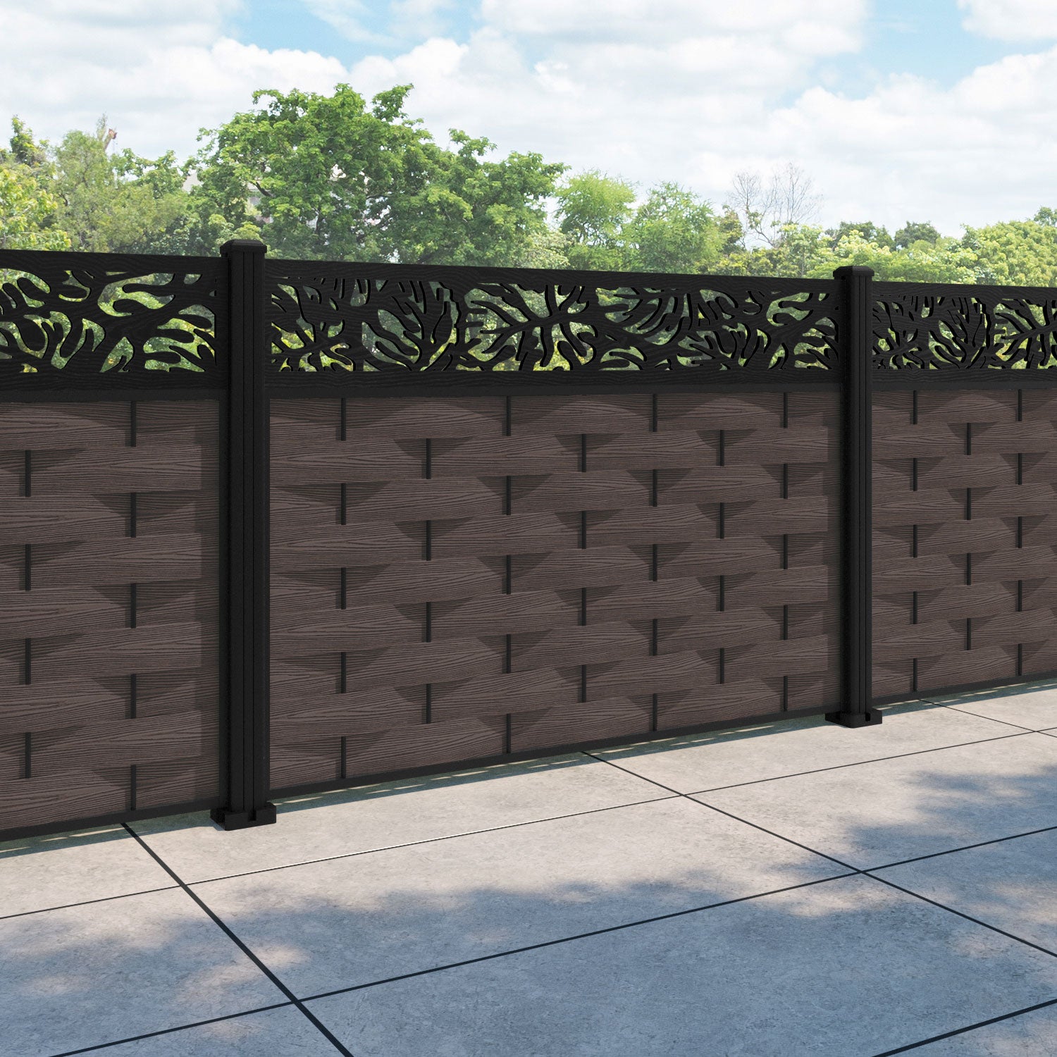 Ripple Botanic Fence Panel - Mid Brown - with our aluminium posts
