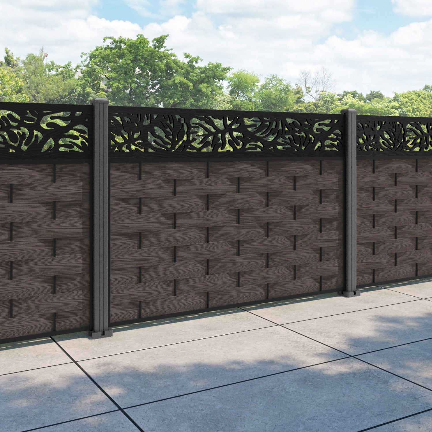 Ripple Botanic Fence Panel - Mid Brown - with our aluminium posts