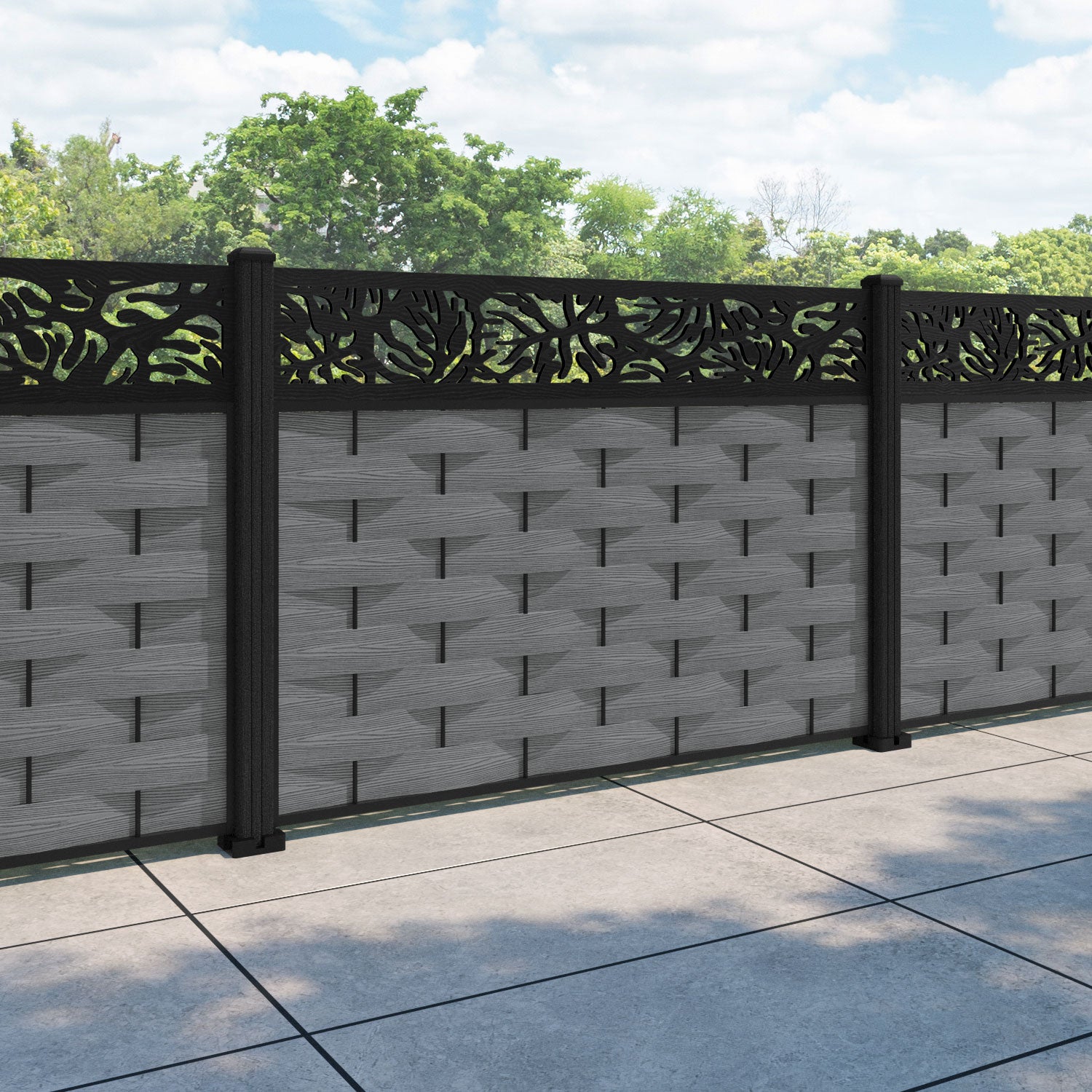Ripple Botanic Fence Panel - Mid Grey - with our composite posts