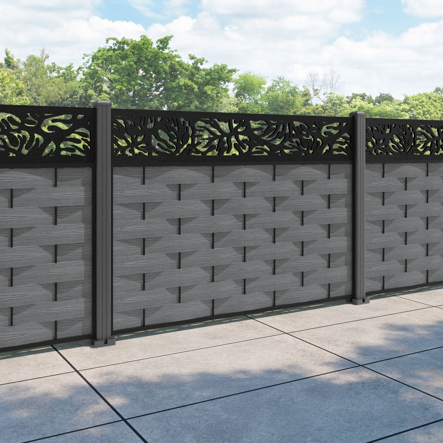 Ripple Botanic Fence Panel - Mid Grey - with our aluminium posts