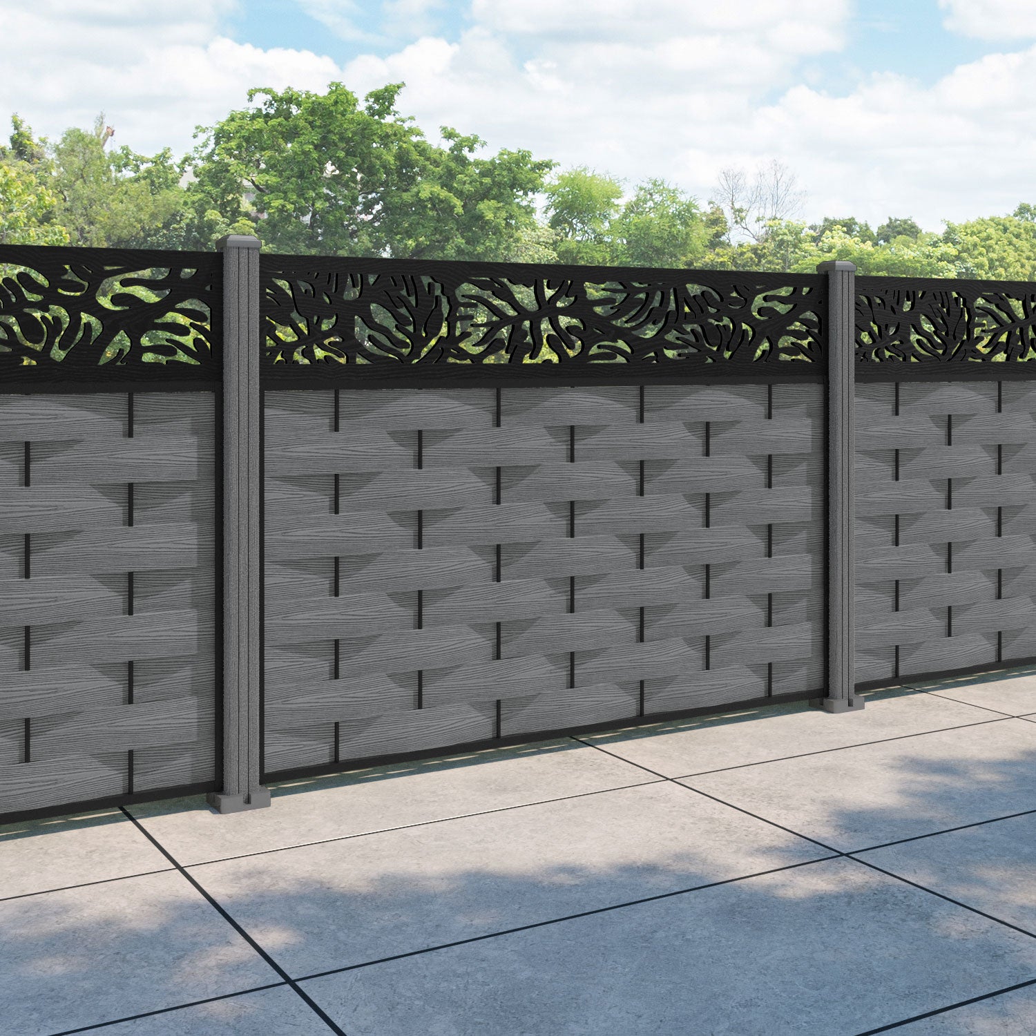 Ripple Botanic Fence Panel - Mid Grey - with our composite posts