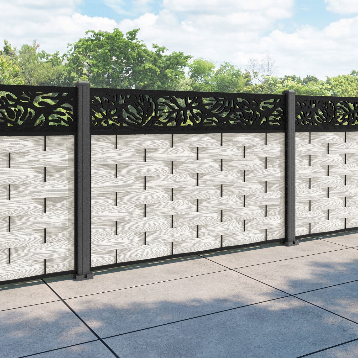 Ripple Botanic Fence Panel - Light Stone - with our aluminium posts