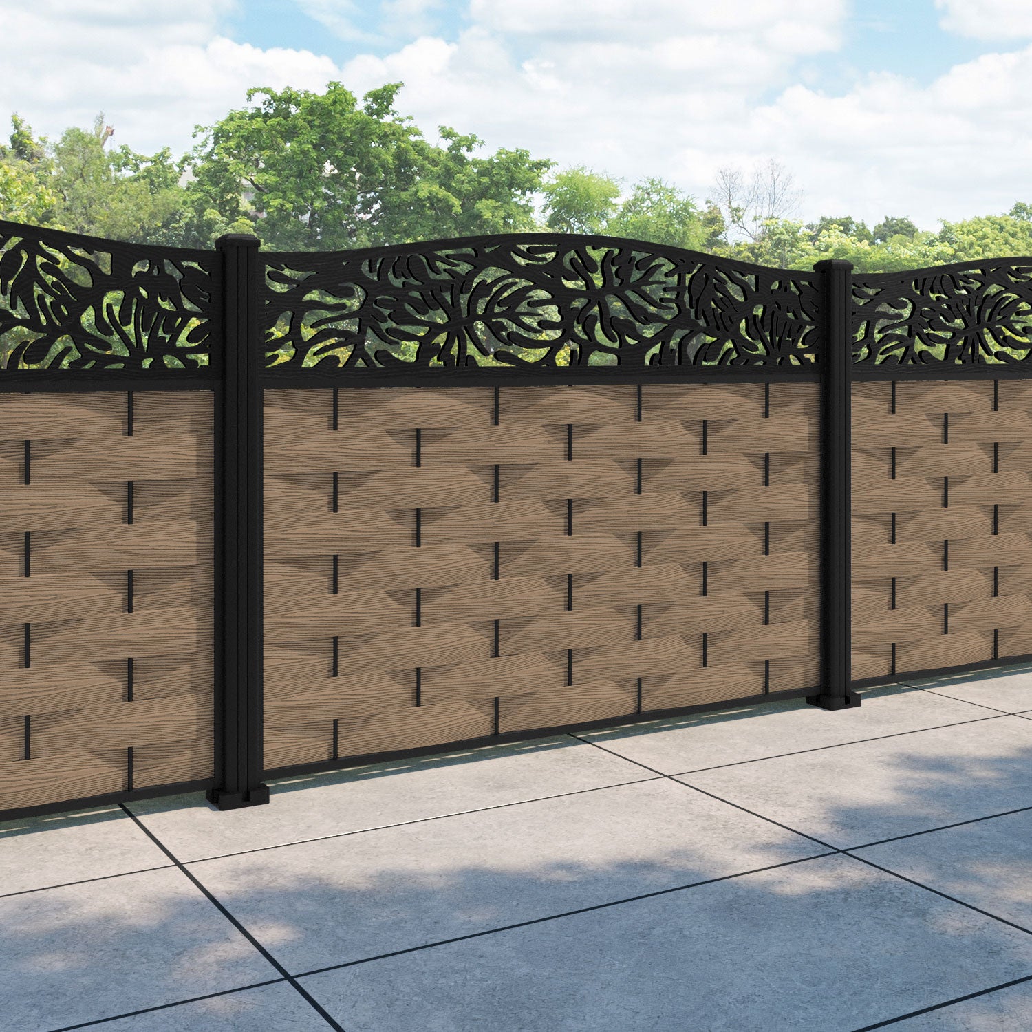 Ripple Botanic Curved Top Fence Panel - Teak - with our aluminium posts