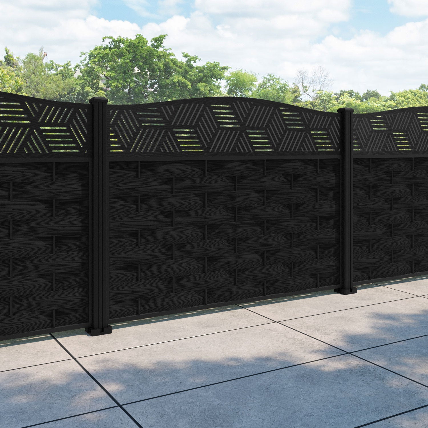 Ripple Cubed Curved Top Fence Panel - Black - with our aluminium posts