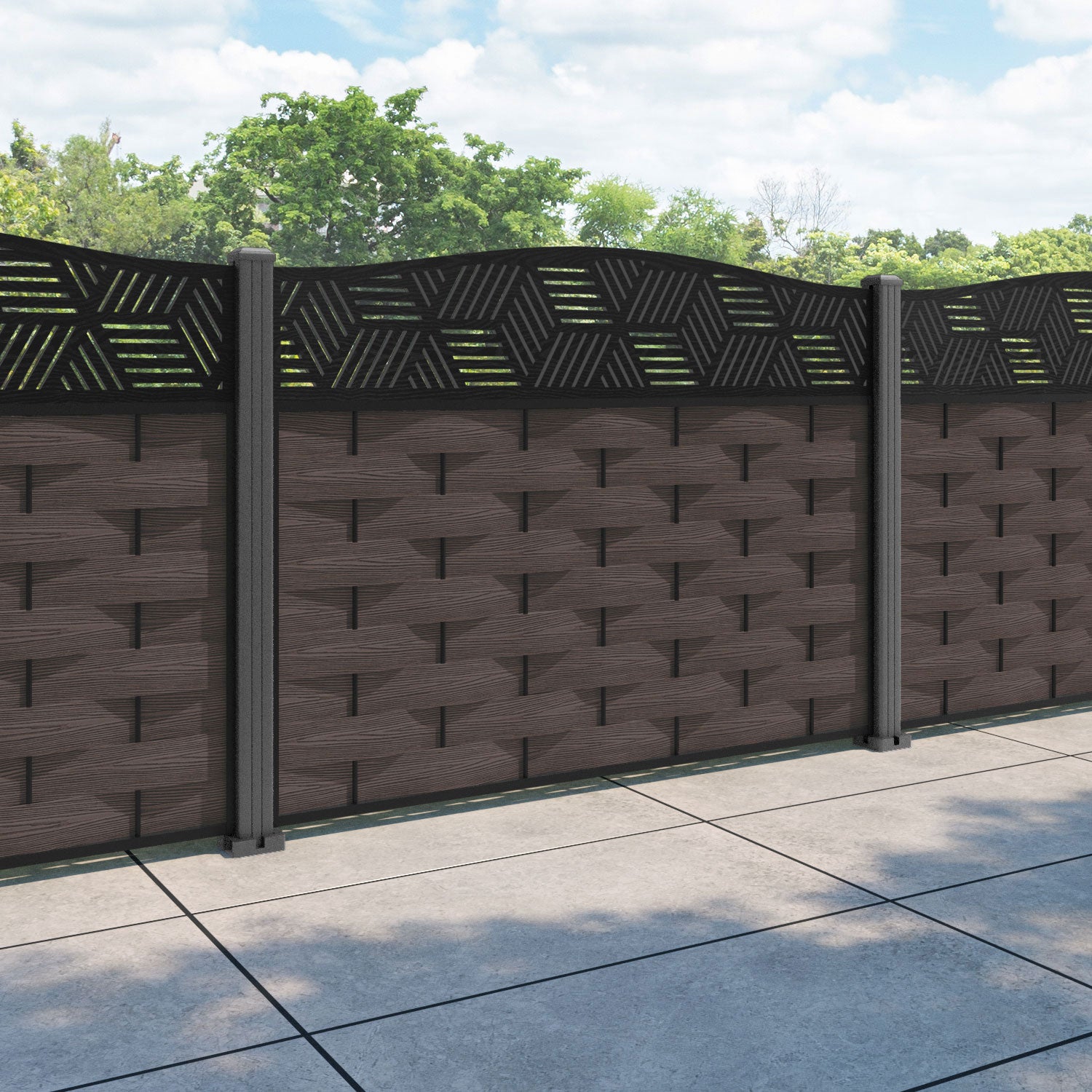 Ripple Cubed Curved Top Fence Panel - Mid Brown - with our aluminium posts