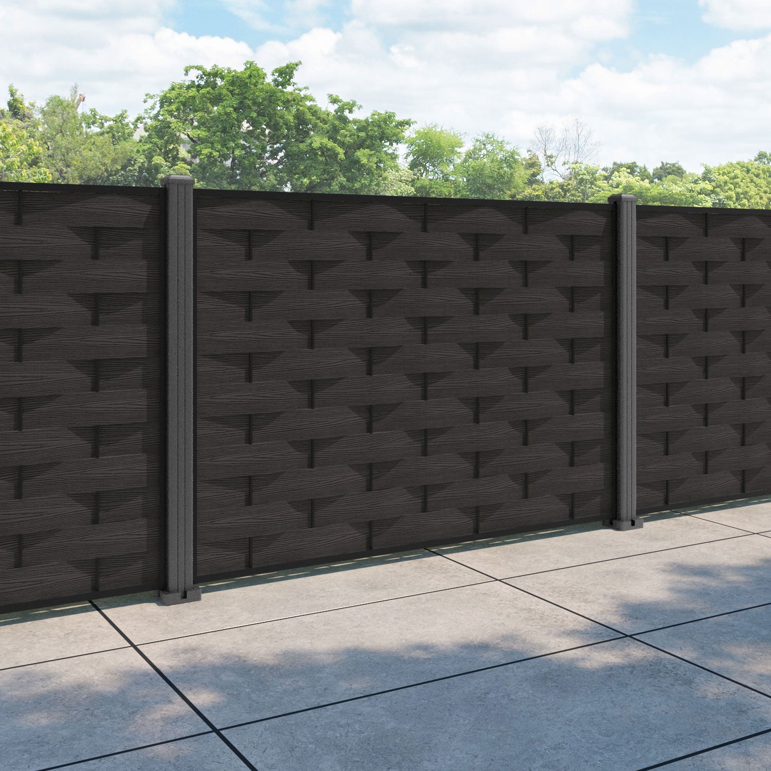 Ripple Fence Panel - Dark Oak - with our aluminium posts