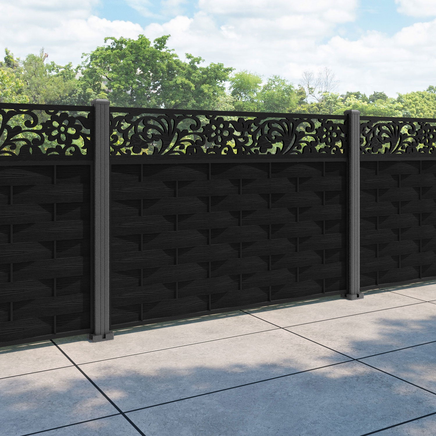 Ripple Eden Fence Panel - Black - with our aluminium posts