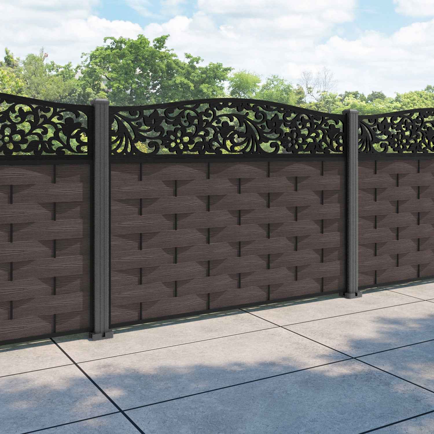 Ripple Eden Curved Top Fence Panel - Mid Brown - with our aluminium posts