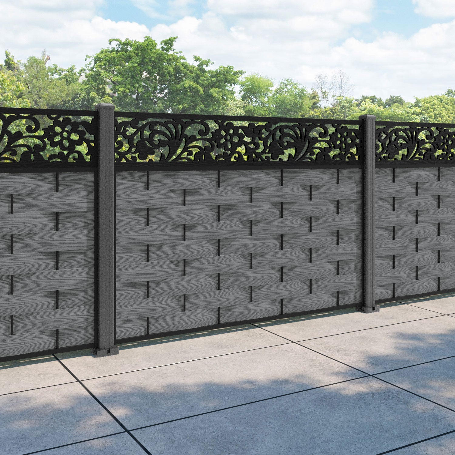 Ripple Eden Fence Panel - Mid Grey - with our aluminium posts