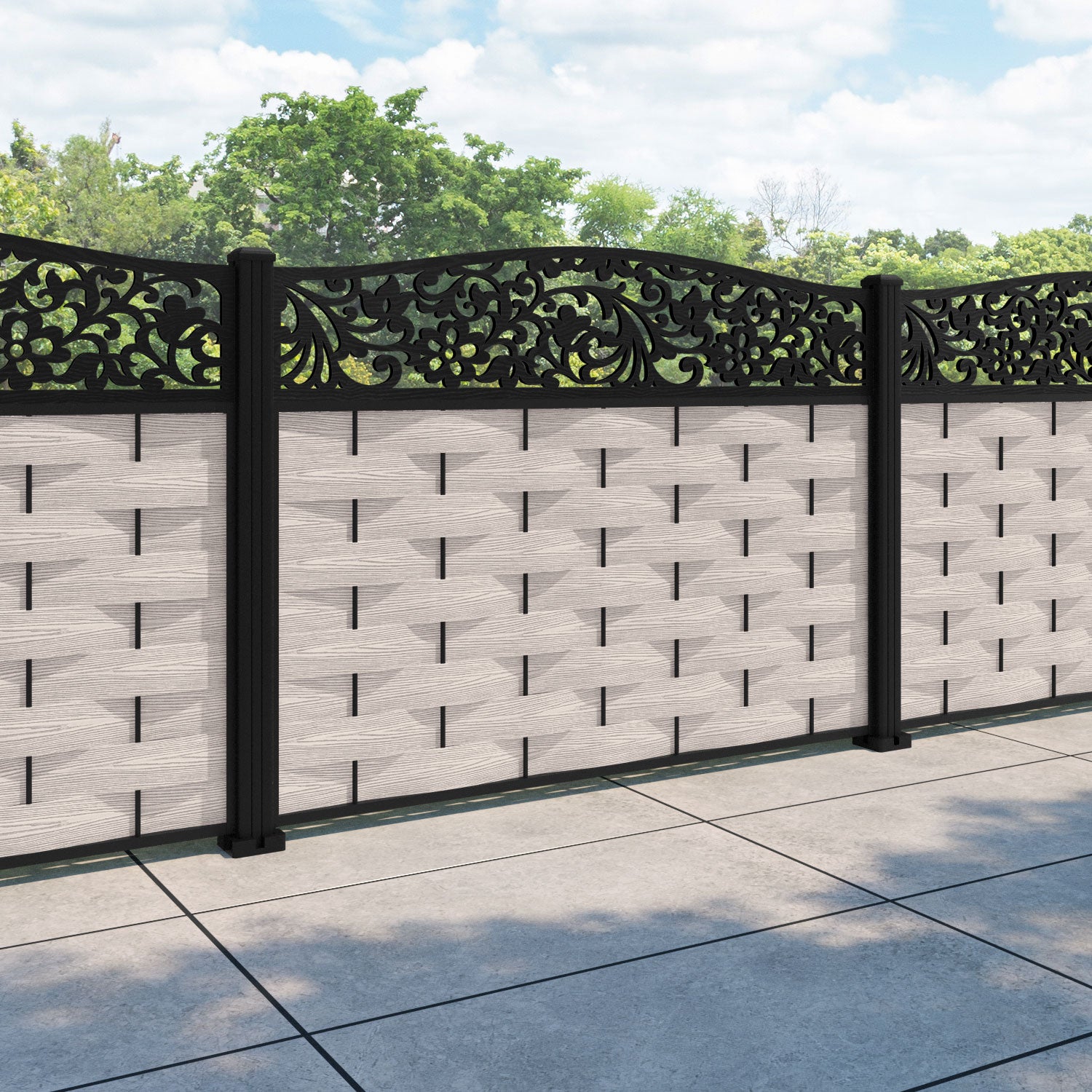 Ripple Eden Curved Top Fence Panel - Mid Stone - with our aluminium posts