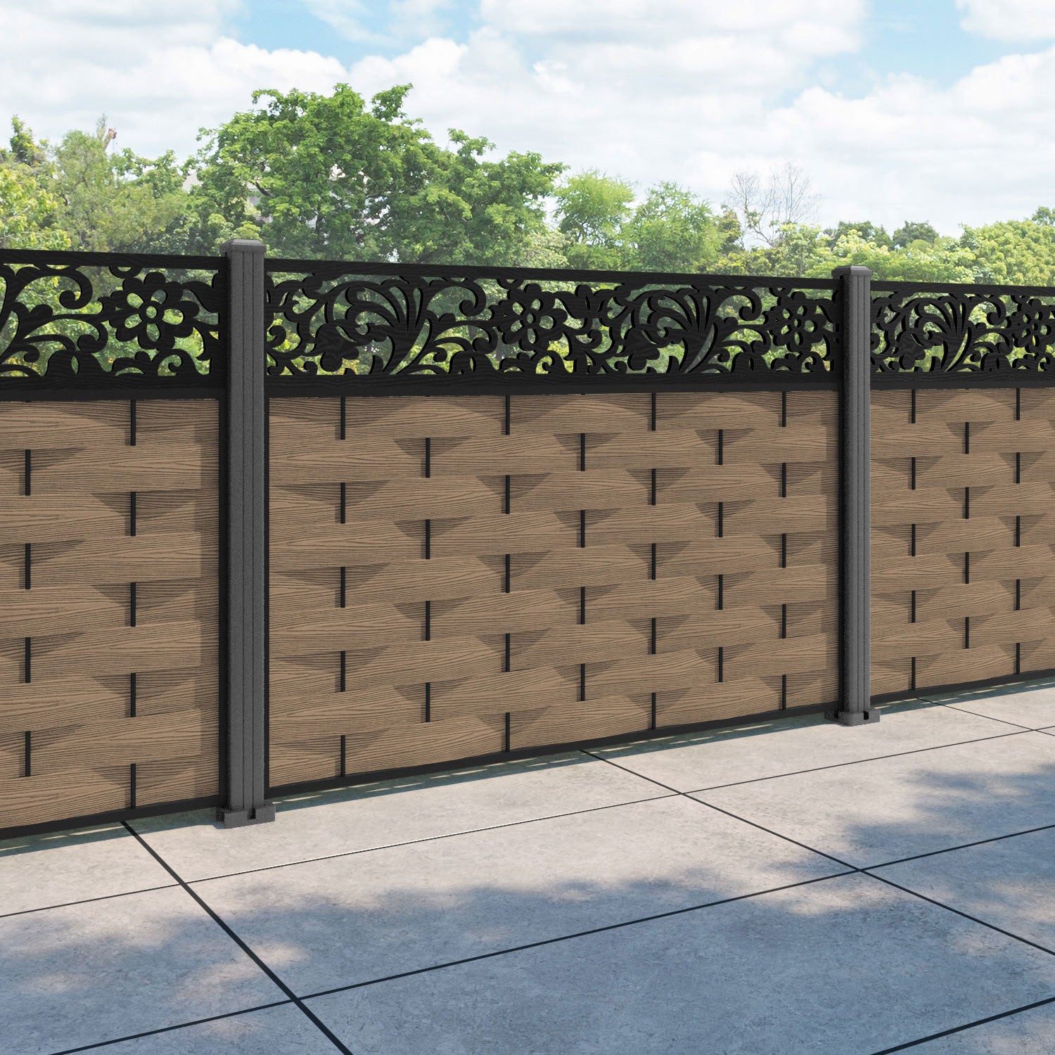 Ripple Eden Fence Panel - Teak - with our aluminium posts